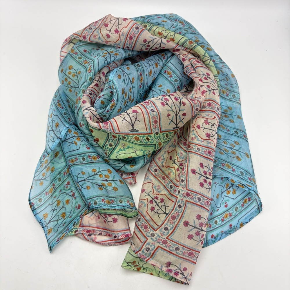 World Market Silk Scarf Floral Teal Asian Rectangle Feminine Prairie Coquette